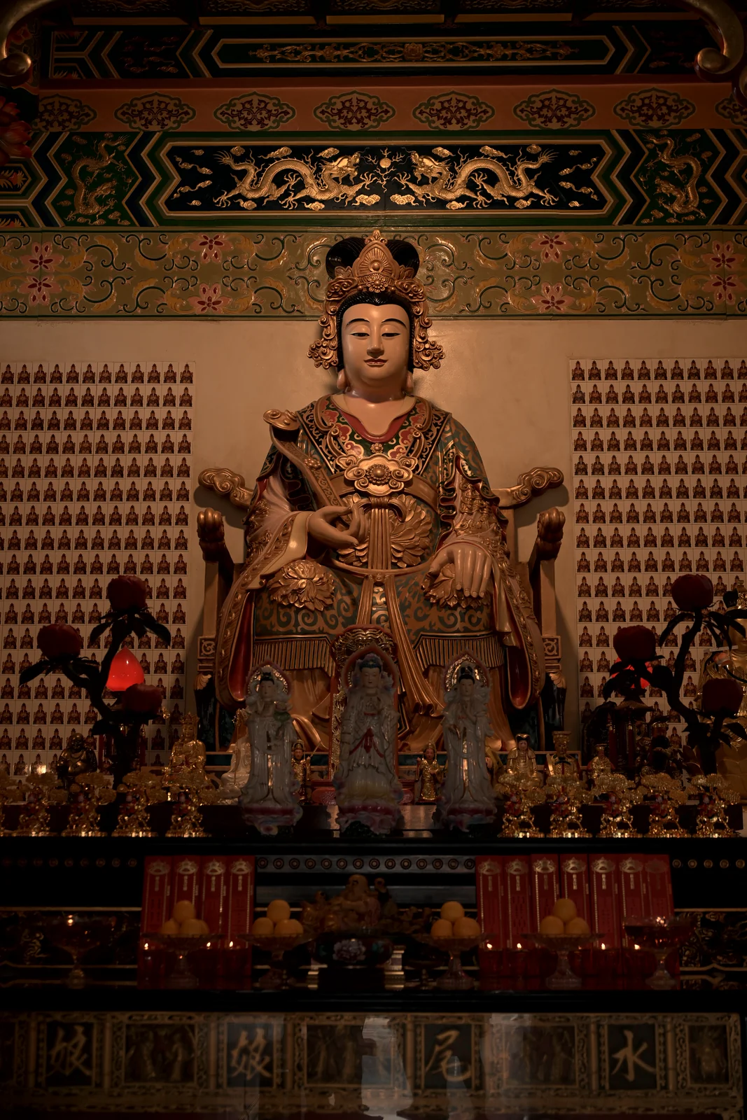Thean Hou Temple ornate golden altar and sacred Chinese deity statues
