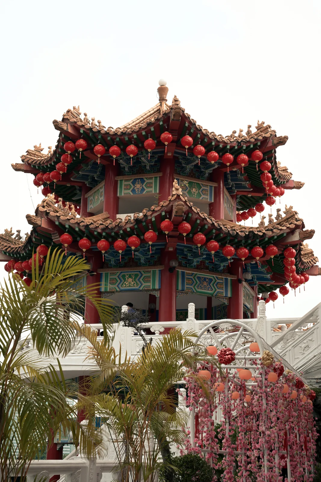 Thean Hou Temple tiered pagoda roofs draped in vibrant red lanterns