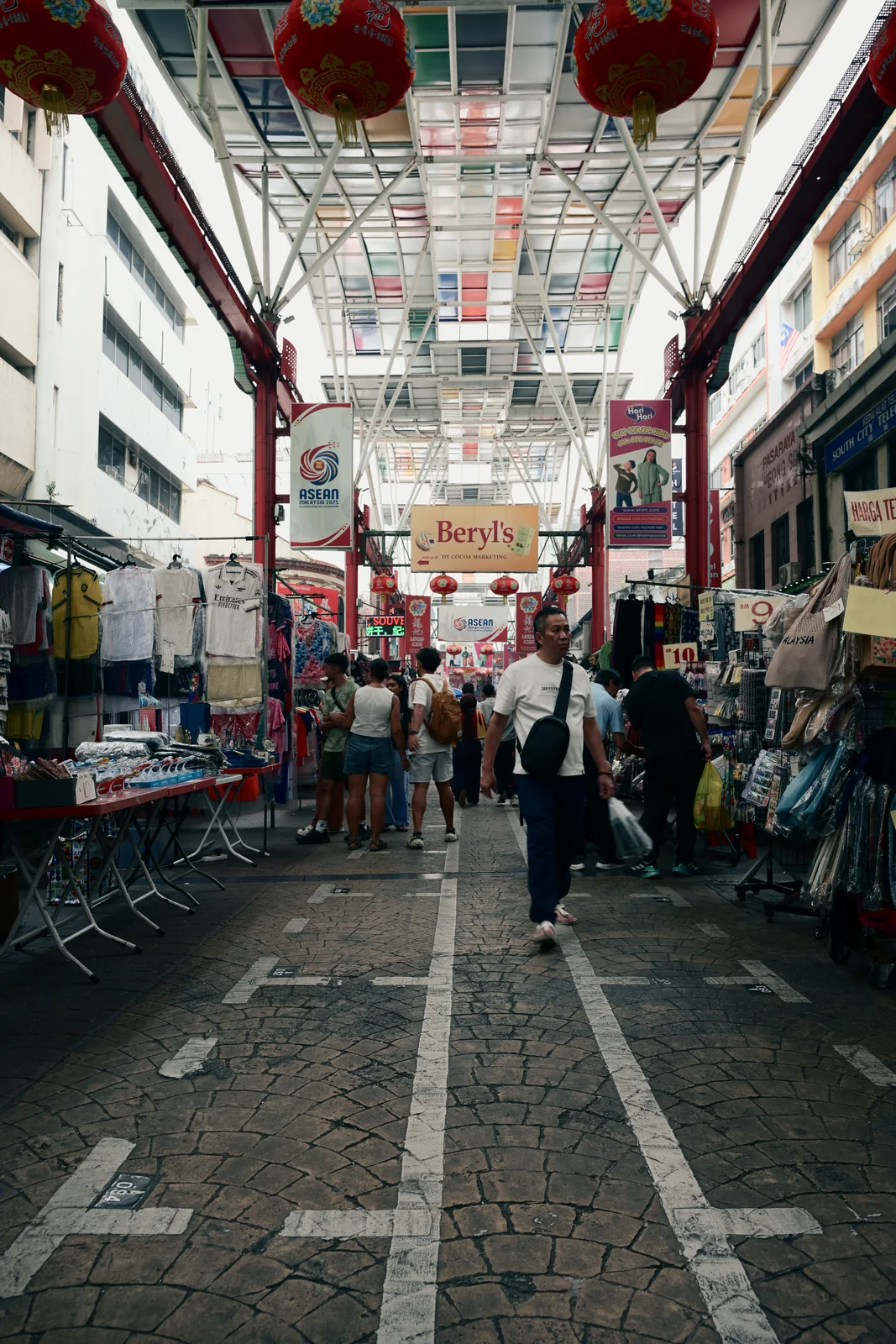 Petaling Street Chinatown market corridor looking through vibrant stalls