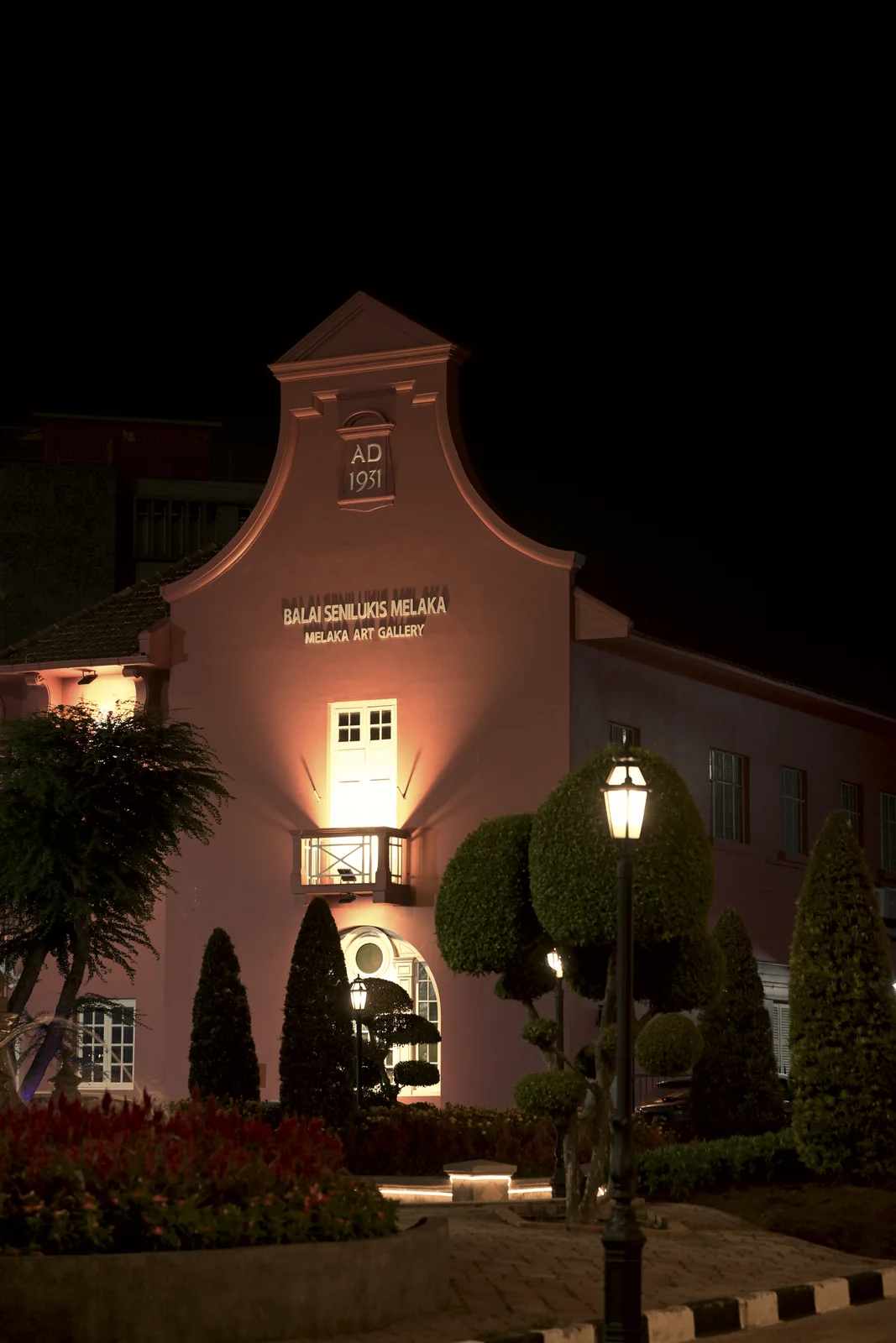 Stadthuys historic Dutch colonial complex illuminated at night