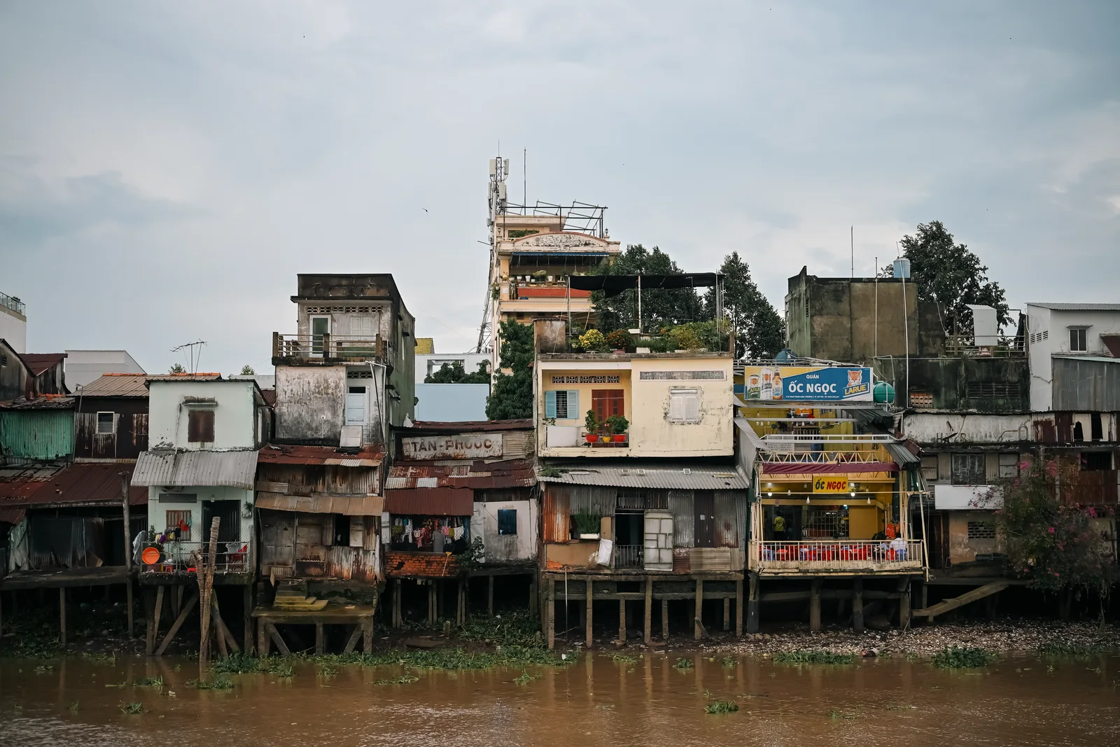 Traditional riverbank stilt houses over the silt-rich waters of Tiền Giang