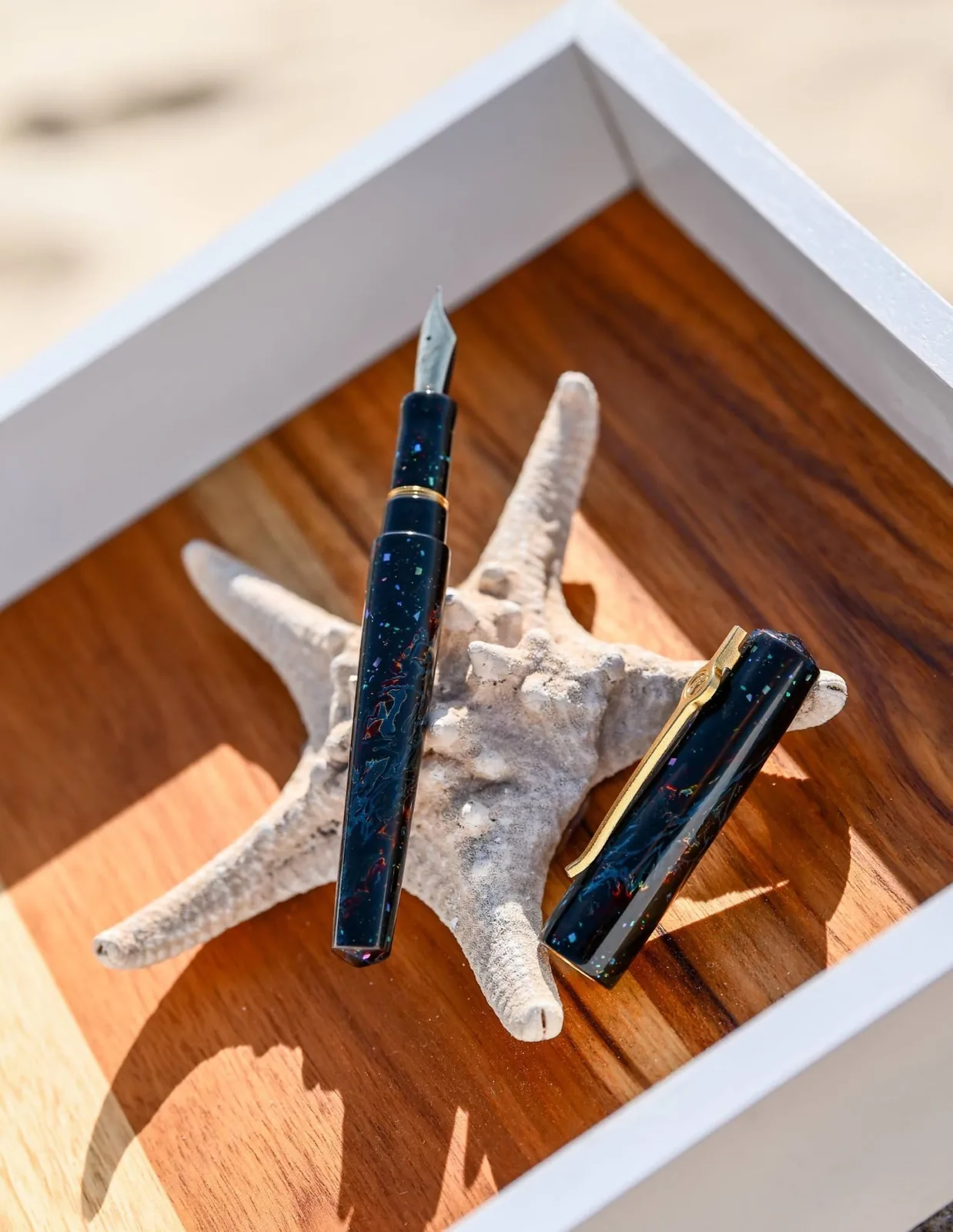 Urushi maki-e fountain pen resting on a dried starfish in a wooden tray on Quy Nhơn beach sand