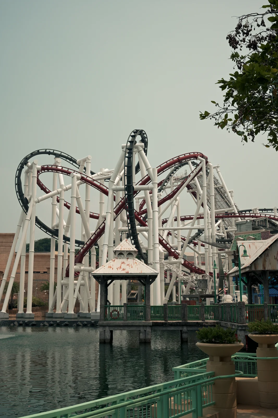 Battlestar Galactica dueling roller coaster loops against the sky