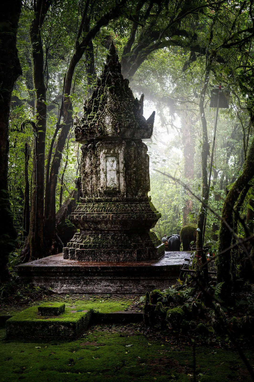 Ancient moss-covered stone stupa nestled in a misty tropical rainforest