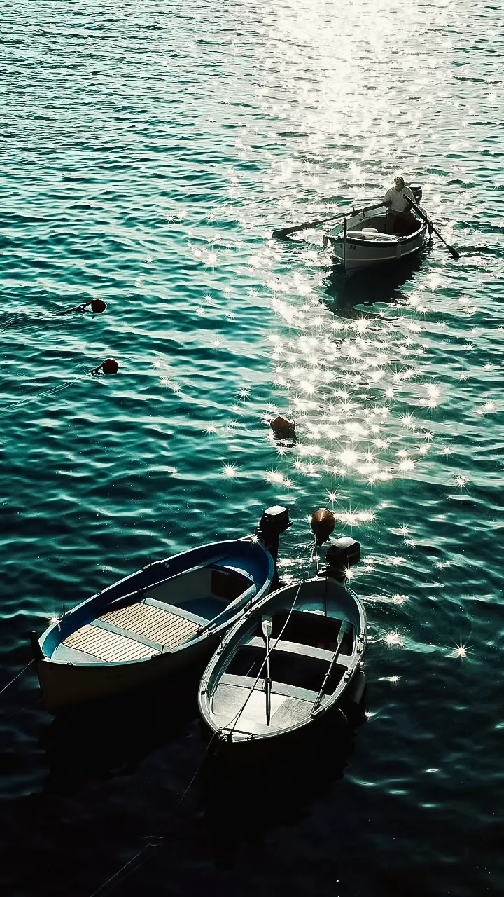 Rowboats resting on glistening sunlit tropical waters