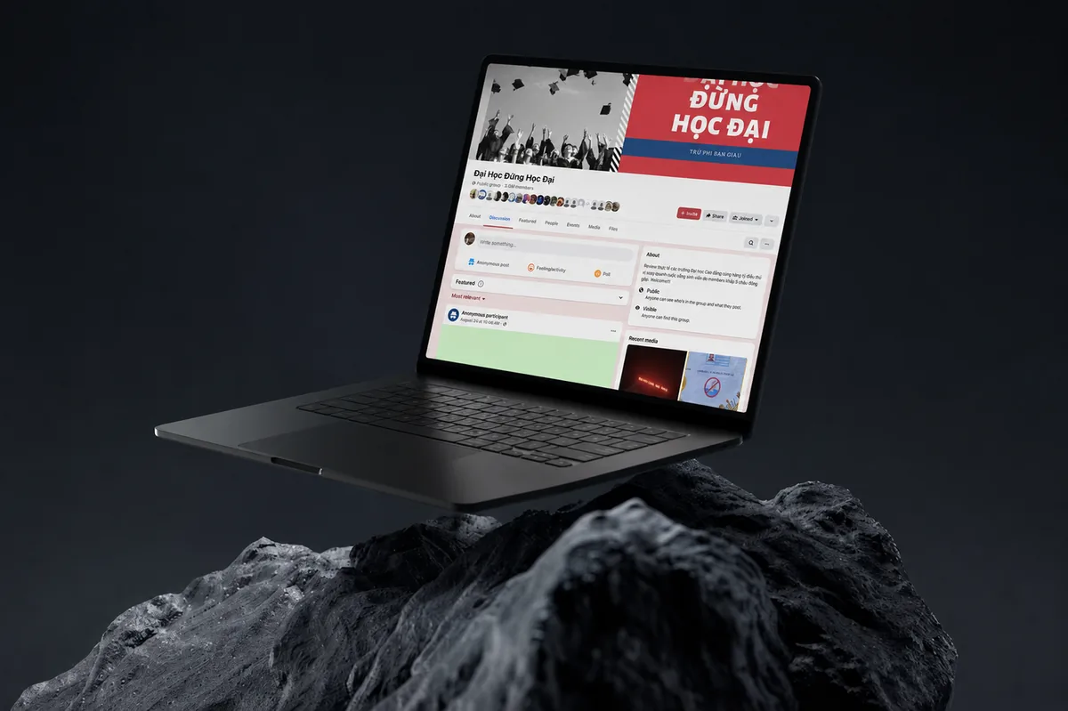 Education community Facebook page shown on a laptop in a dark mountain scene