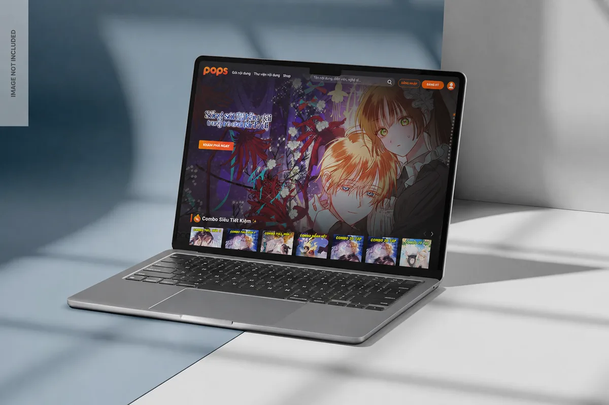 POPS website shown on a laptop in a blue studio scene